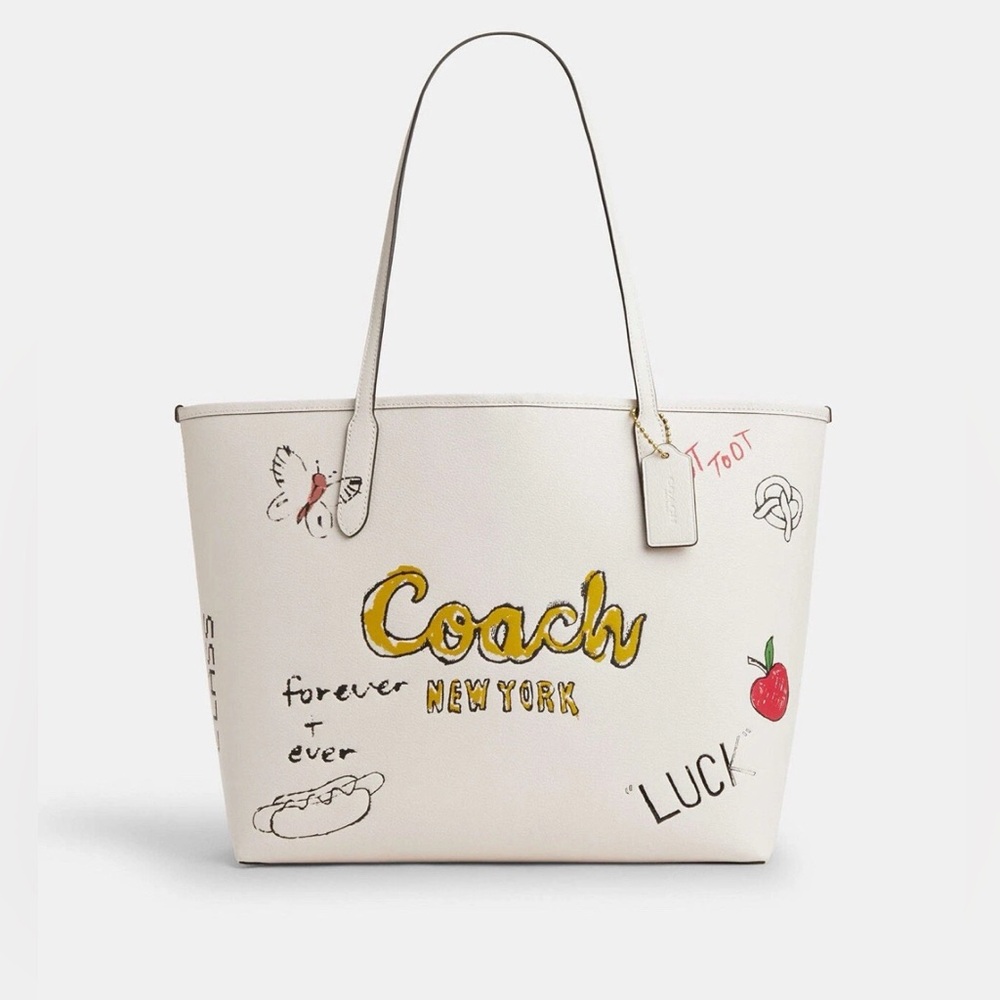 NWT COACH CAK18 City Tote Bag With Sketch Print Leather Chalk Multi